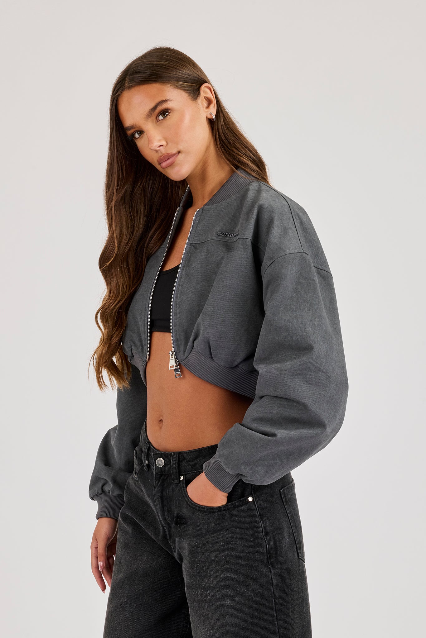 Curved Hem Cropped Bomber Jacket - Grey
